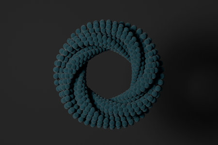 3D abstract illustration of a circular torus formed by many small blue spheres, floating on a dark...