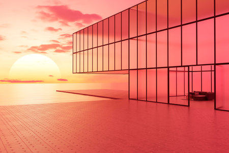 3D render of a modern glass building beside calm ocean water during sunset with warm orange light reflecting on the structure and terrace.の写真素材