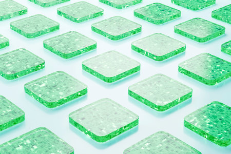 3D render of transparent green glass squares with electronic circuit patterns arranged in a...