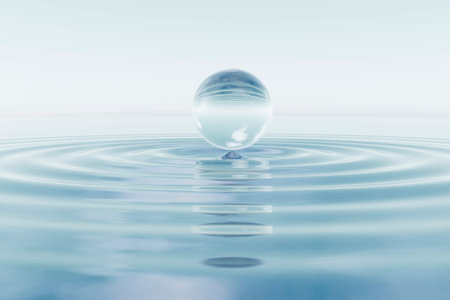 3D render of a transparent glass sphere floating above calm water with circular ripples and soft...