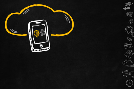 Cloud and sharing connections for smartphone. Sharing online data through internet with network and wireless connection. Hand drawn cloud connection with smartphone isolated on blackboard with copyspace.の写真素材