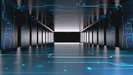High resolution Abstract Corridor Perspective  Hall Digital Technology Background . Light Glow Digital Transformation Tunnel. 3D Illustration. 8Kの写真素材