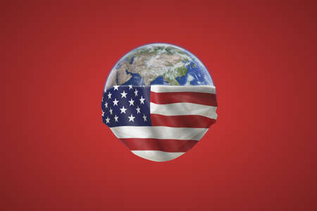The earth wear a mask protection with pattern America Flag Isolated on Background . Planet Earth with face mask protect to fight against Corona virus. 3D Illustration.の写真素材