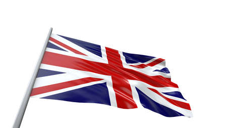 3D render United Kingdom Flag with flag pole waving in the air. High Resolution Flag of Great Britain silk. UK Flag Isolated on white backgroundの写真素材