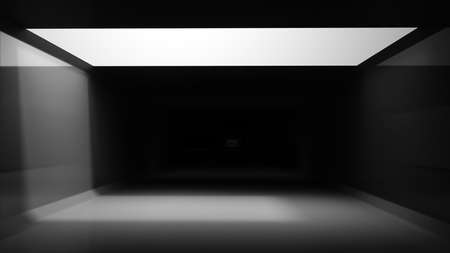 Abstract  Light Box in Dark grey tunnel Background. 3D render empty room with light Glow on top...