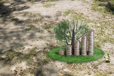 Plant Growing In Savings Coins on grass zone. Money saving growing business finance - Investment And...