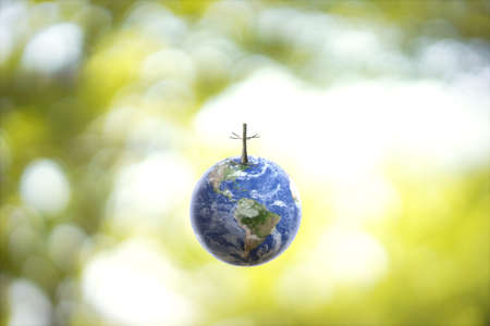 Planet Earth globe ball and growing tree on green sunny blurred background. Saving environment, save clean planet, ecology concept. 3D Illustration.の写真素材