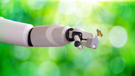 Robot's arm with Yellow butterfly on green bokeh background. Artificial Intelligence and Ecosystem Concept. 3D Rendering.の写真素材