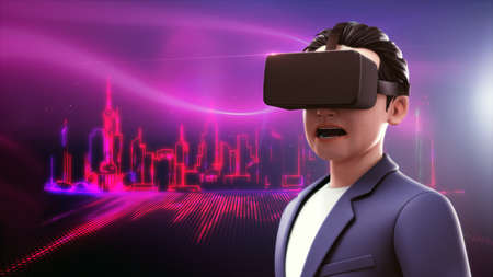 Man wearing virtual reality headset on light neon cityscape background. A young man wearing VR...