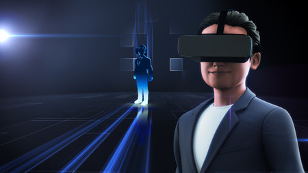 A young man with suit wearing VR Headset experiencing 3D virtual reality. Technology related Virtual Reality Metaverse concept. 3D Rendering. 8Kの写真素材