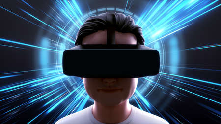 A Man with white shirt wearing VR Headset on Blue Light Rays Tunnel Background. Close up shot of man...