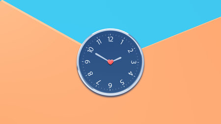 3d rendering of a wall clock on an orange and blue backgroundの写真素材