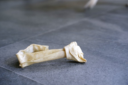 Close-up of rolled up crumpled bone on concrete floor.の写真素材