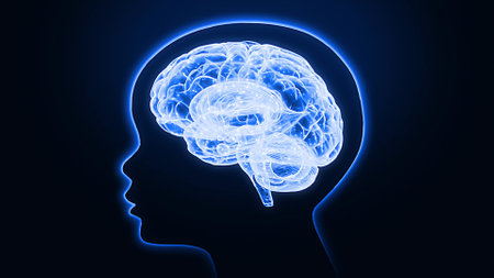 Human brain glowing in blue on dark background. Artificial intelligence concept. Camera Zoom in from...