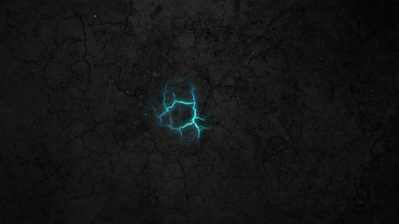 Dark cracked concrete wall with blue neon light. 3d render illustrationの写真素材