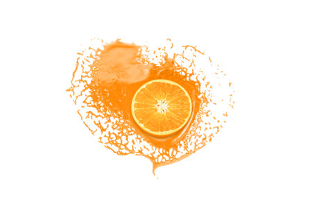 Orange juice splash isolated on white background. Orange slice in juice splash.の写真素材
