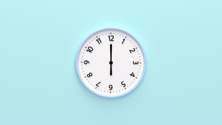 3d rendering of a white wall clock isolated on a blue backgroundの写真素材