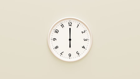 White clock on pastel color background. Minimalist flat lay image of plastic wall clock over color background. Time Concept. 3D rendering. Copy space. 6 o'clockの写真素材