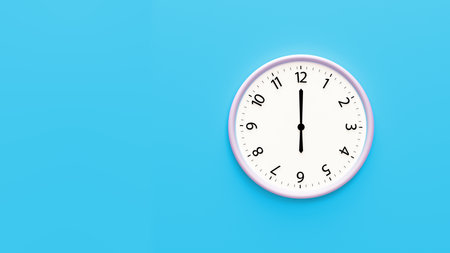White clock on blue background. Minimalist flat lay image of plastic wall clock over color background. Time Concept. 3D rendering. Copy space. 6 o'clockの写真素材