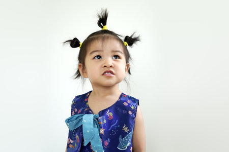 Portrait of cute asian child girl in studio on white backgroundの写真素材