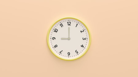 White wall clock on pastel color background.  White wall clock hanging on the wall. Time Concept, Copy space and central composition. 9 o'clock, 3d renderの写真素材