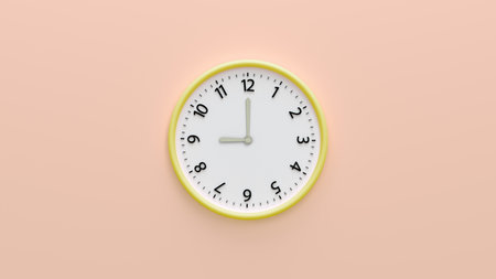 White wall clock on pastel color background.  White wall clock hanging on the wall. Time Concept, Copy space and central composition. 9 o'clock, 3d renderの写真素材