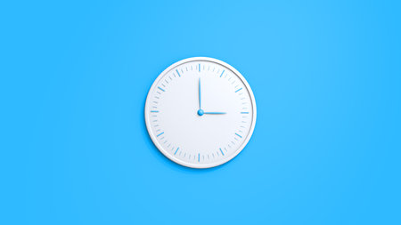 White wall clock isolated on blue background. 3d render illustration.の写真素材