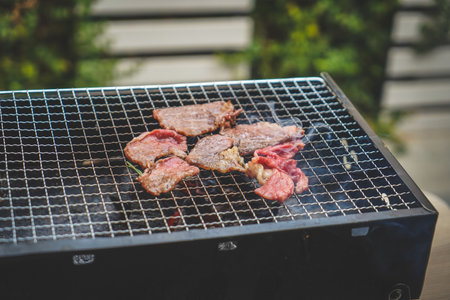 Multiple sliced meats is grilling  on charcoal grill during summer time. Hot Fire Charcoal Grill. BBQ party at home outdoors. Premium raw red beef.の写真素材