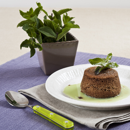 Chocolate flan with Mintの写真素材