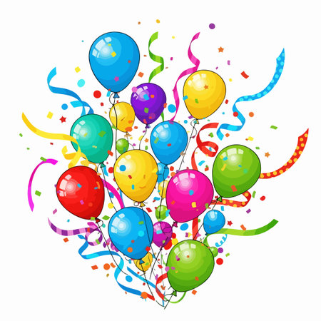 A delightful assortment of balloons in various bright colors, intertwined with flowing streamers and scattered confetti, creating a festive atmosphere.のイラスト素材