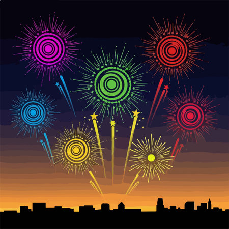 A stunning visual of fireworks illuminating the night sky above a city. The bursts of color and light create a magical and festive atmosphere for all to enjoy.のイラスト素材