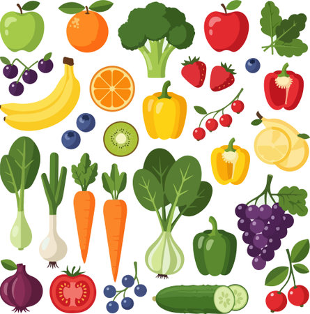 A colorful and diverse collection of fresh fruits and vegetables, emphasizing the importance of a healthy diet and providing essential nutrients for well-being.の素材