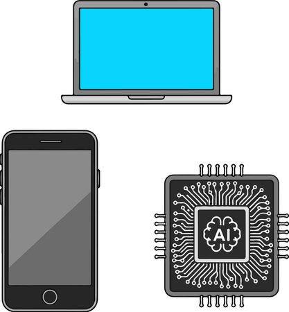 A clean vector illustration showcasing a modern laptop, a sleek smartphone, and a central processing...