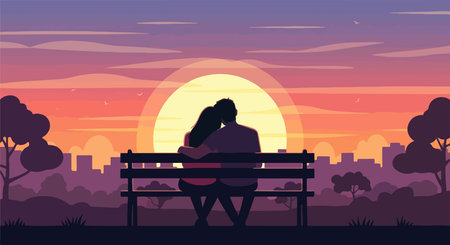 A couple sits closely on a park bench, silhouetted against a breathtaking sunset with a large sun and city skyline in the background.のイラスト素材