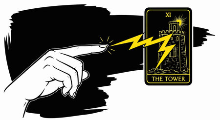 A striking illustration of a hand touching a tarot card with lightning, representing intuition, energy, and the power of divination. The art is clean and visually engaging.のイラスト素材