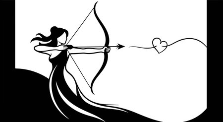 This image shows an archer aiming an arrow at a heart. The archer is a woman with long hair and a flowing dress. The heart is connected to the arrow by a line.のイラスト素材