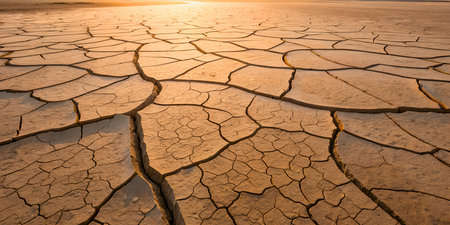 A parched landscape reveals the harsh realities of drought, with cracked earth symbolizing the...