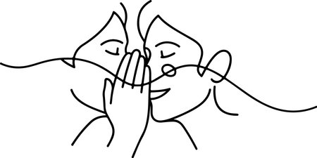A minimalist line art illustration of two faces whispering to each other. The image captures the essence of secret communication, intimacy, and the sharing of private information.のイラスト素材
