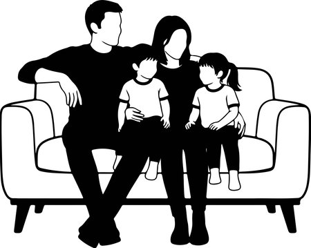 A black-and-white illustration of a family of four sitting together on a couch, minimalist and modern design style.のイラスト素材