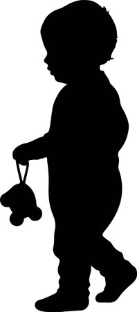 Black silhouette of a toddler walking while holding a teddy bear, minimalist design, white background, no facial features.のイラスト素材