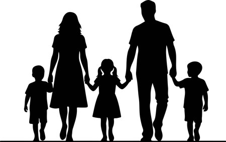 Black silhouette of a family with two parents and three children holding hands, minimalist design, vector-style illustration for family themes.のイラスト素材