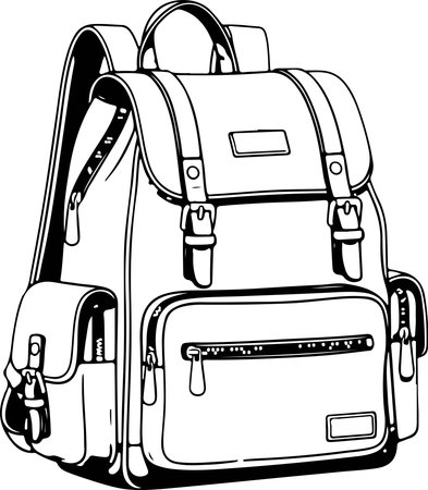 Detailed line art of a classic backpack with multiple pockets, straps, and buckles. Ideal for...