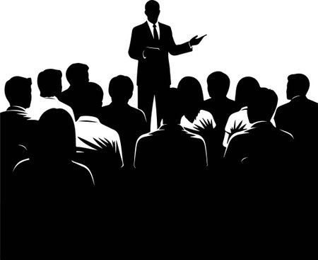 Silhouette of a presenter speaking to a group of seated attendees in a professional setting, emphasizing leadership and communication.のイラスト素材