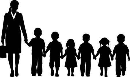 A teacher is walking with a group of children, holding their hands. The children are of different ages and genders. They are walking together in a line. Silhouette.のイラスト素材