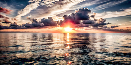 Experience peaceful ocean sunset with vibrant colors and dramatic cloudscape