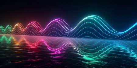 Vibrant neon sound waves reflect on shimmering water surface