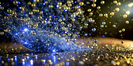 Sparkling gold and blue spheres explode in vibrant celebrationの写真素材