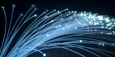 Bright fiber optic strands glow with futuristic digital data transferの写真素材