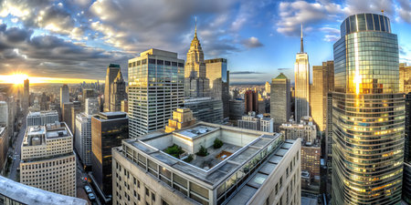 Golden hour sunlight bathes modern cityscape skyscrapers under dramatic clouds