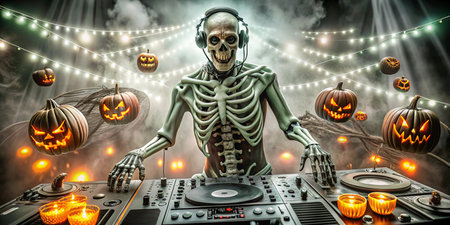 Spooky skeleton DJ spins tunes amidst glowing pumpkins and string lightsの写真素材